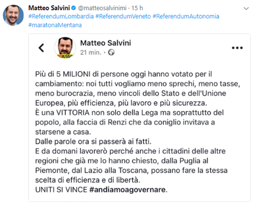 Un tweet del 22 ottobre di Matteo Salvini.