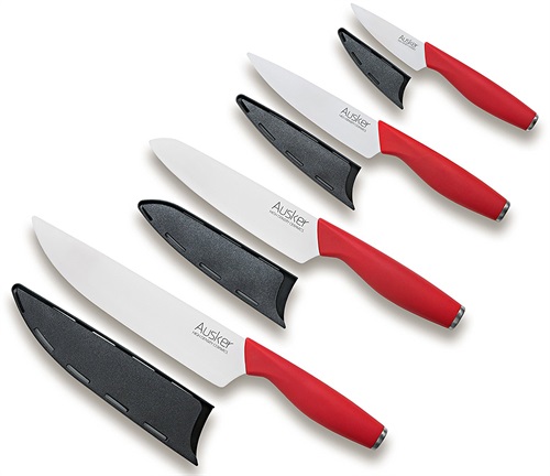 Ausker - Set Coltelli in Ceramica Bianca ad Alta Densità, Manico Rosso, 4 coltelli da cucina
