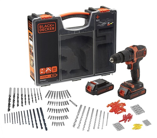 Black+Decker BDCHD18BOA-QW Trapano Avvitatore a Percussione, con Doppia Batteria, 18 V, al Litio, 1.5 Ah + 160 Accessori