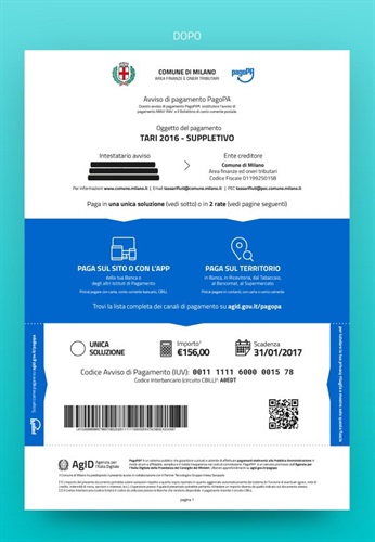 Avviso della TARI - dopo. D’ora in poi hai informazioni chiare su cosa e quando pagare, e i metodi di pagamento disponibili, sia online che offline.