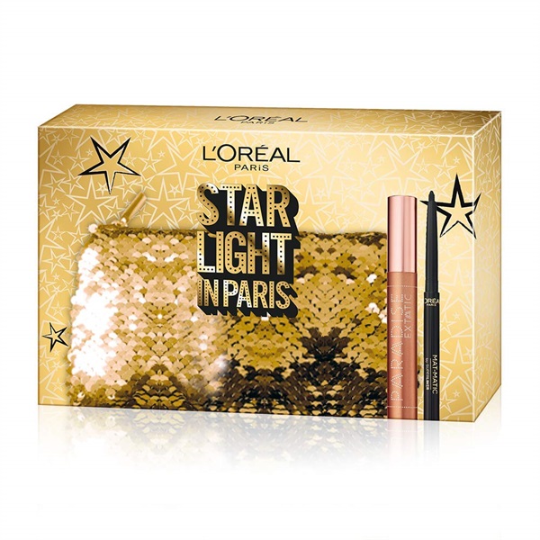 L'Oréal Paris Cofanetto Idea Regalo Natale, Mascara Volumizzante Paradise e Eyeliner Nero Super Mat-Matic, Pochette 2 Pezzi Star Light in Paris.