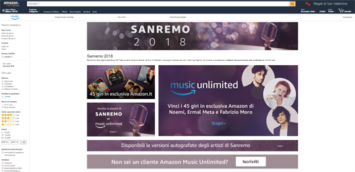 Pagina di Amazon dedicata a Sanremo