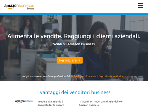 Pagina dedicata ai venditori terzi che desiderano vendere i propri prodotti alle imprese attraverso Amazon Business