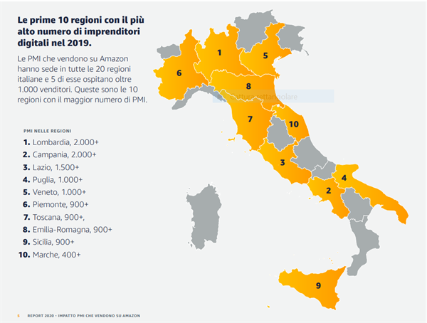 Le prime 10 regioni con il più alto numero di imprenditori digitali  nel 2019
