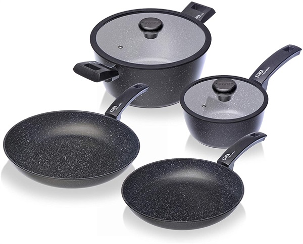 
Moneta Etnea Batteria Essential Set da 6 Pezzi, 2 Padelle 24 e 28 cm, Pentolino 1 Manico 16 cm, Pentola Grande 24 cm 2 Manici, Coperchi da 16 e 24 cm 