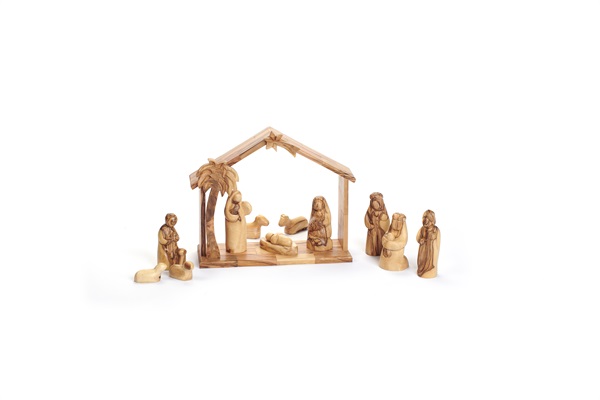 Presepe Aperto legno di ulivo 1+13 24,5x19x8 cm (fig.max h.10cm)
