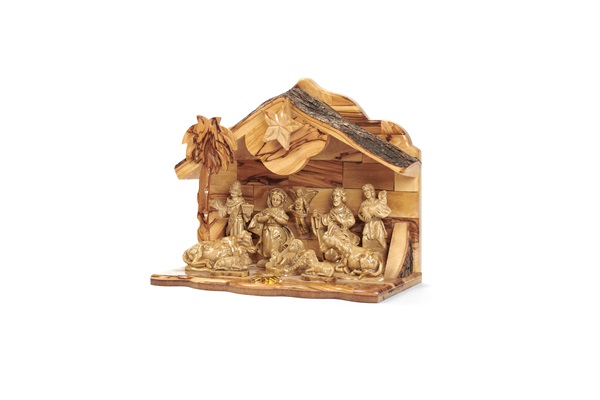 Presepe Carillon grande legno di ulivo e gesso 21x24x12,5 cm