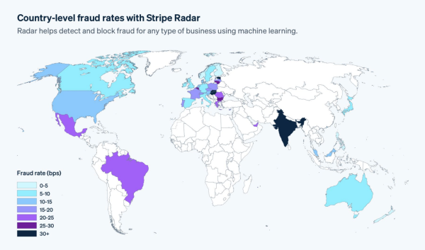 Tassi di frode a livello nazionale misurato con Stripe Radar - Stripe Radar aiuta a rilevare e bloccare le frodi per qualsiasi tipo di azienda con l?ausilio del machine learning 