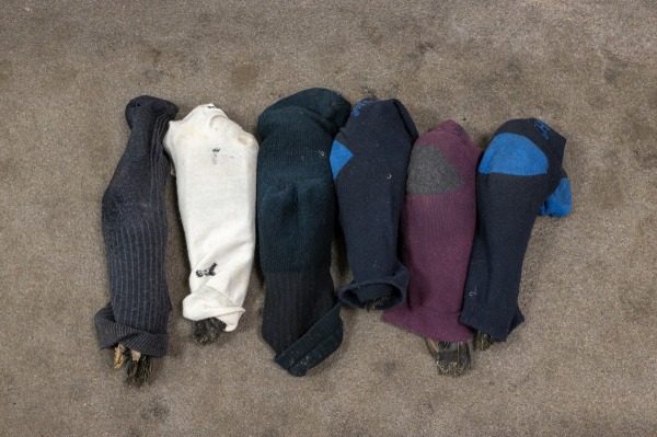    	 L'uomo mette i piccioni in dei calzini per portarli a casa sua. Nei calzini i piccioni non si muovono e sono ancora vivi. Dalla serie Mijn Duifje © Nynke Brandsma