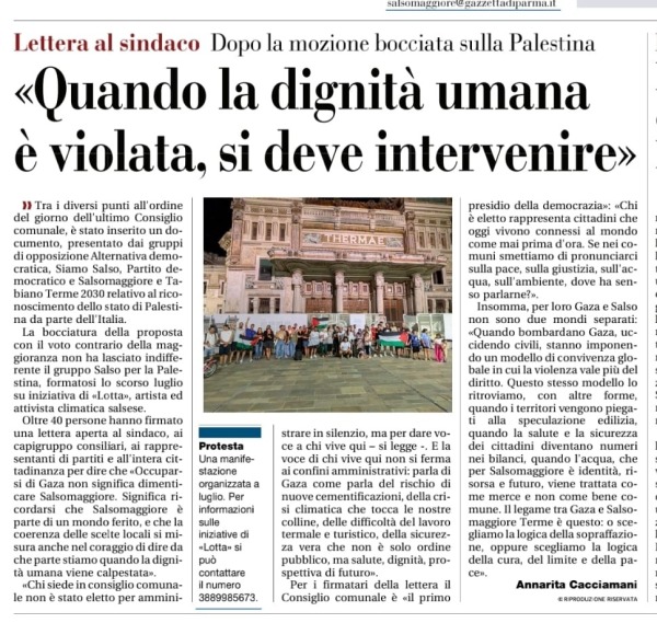 Gazzetta di Parma 5 ottobre 2025 | apertura pagina di Salsomaggiore a firma di Annarita Cacciamani