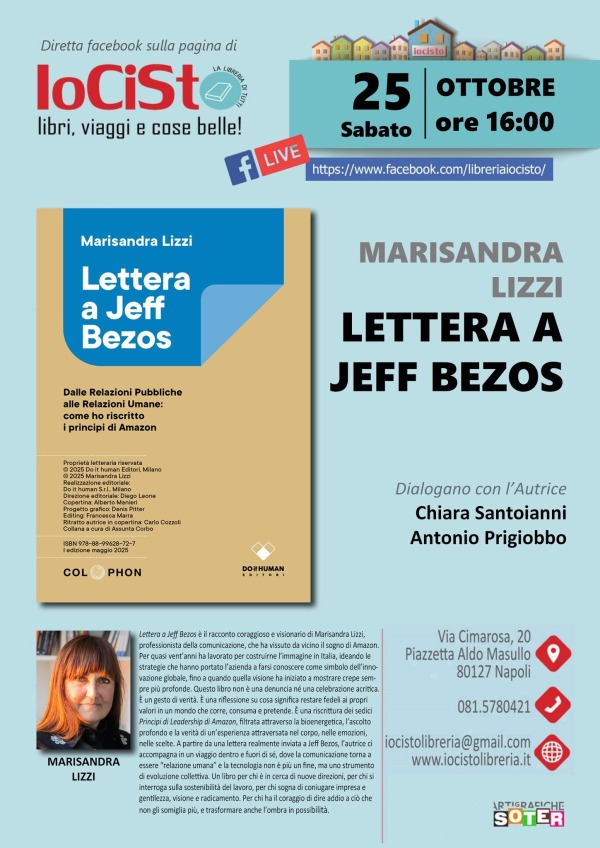La locandina delal presentazione di Lettera a Jeff Bezos a Napoli alla Libreria di Tutti Io ci sto