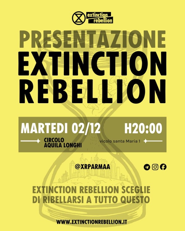 Locandina invito di presentazione di Extinction Rebellion