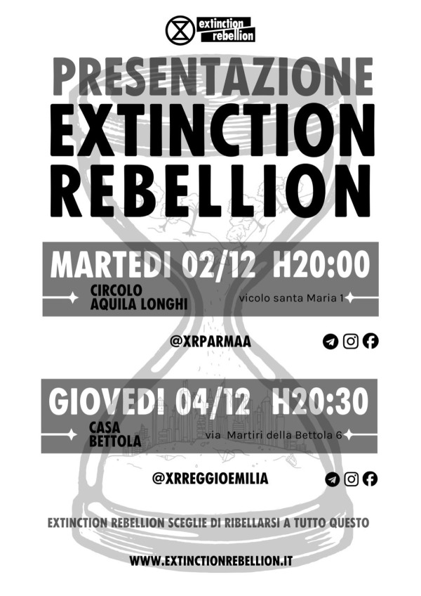 Invito di XR Parma alla cittadinanza al prossimo incontro: martedì 2 dicembre ore 20 e giovedì 4 dicembre ore 20.30