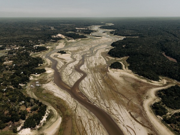 Aerial view of the Tarumã River, which has become unnavigable due to drought. The landscape is marked by lines left by boat propellers before the river became impassable. Manaus, Amazonas, Brazil, 4 October 2024