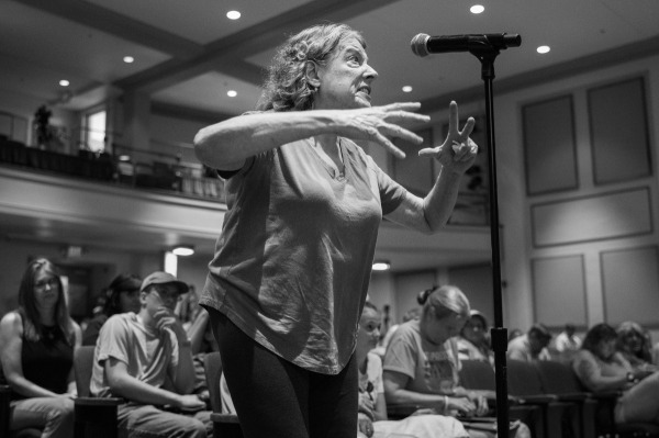 Connie Fortner addresses National Transportation and Safety Board (NTSB) members after several hours of listening to the board’s investigative findings. East Palestine, Ohio, United States, 6 June 2024