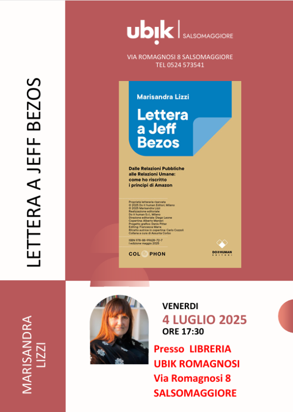 Locandina | Marisandra Lizzi presenta Lettera a Jeff Bezos | Do it Human | alla libreria Ubik di Salsomaggiore Terme
