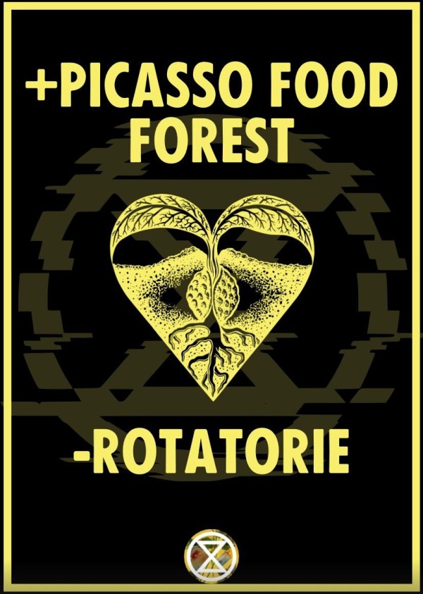 Cartello di XR Parma al Festival Verdi |+ Picasso food forest, - rotatorie | Parma 20 settembre 2025