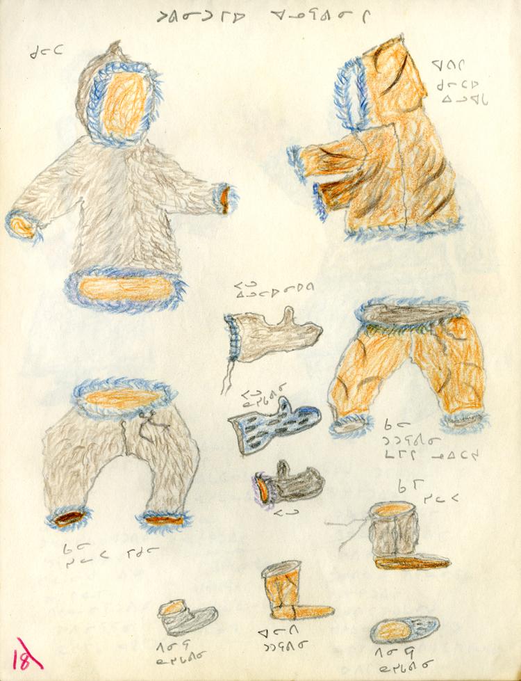 Drawing showing traditional Puvirnituq clothing: parka for winter, mittens, leather trousers, fur pants worn outside, outdoor boot, liner, socks.