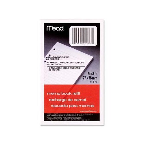 Memo Book Refill, Narrow Ruled, 6 Hole Punched, 5"x3", 80 Sheets, White
