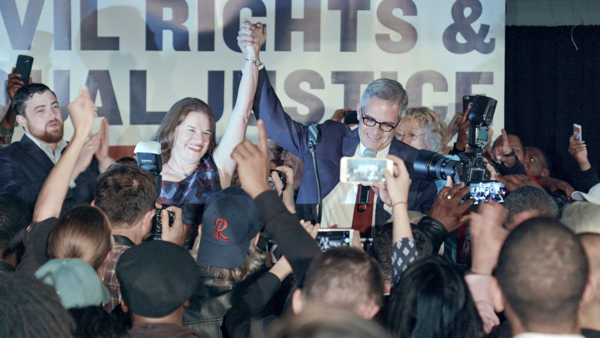Larry Krasner celebrates with his wife and team victorious on election night, from Philly D.A.
