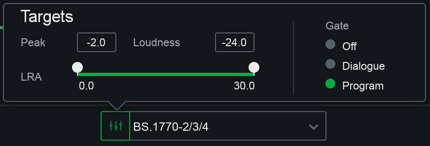 Loudness targets control panel full view