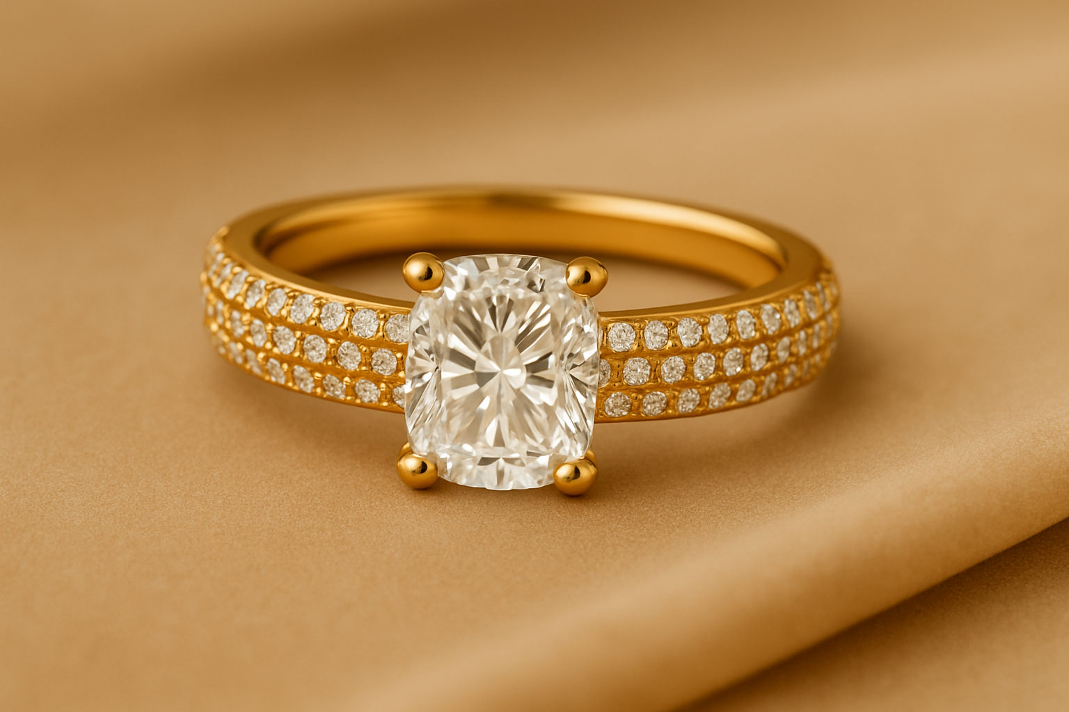 A pavé diamond engagement ring with a band of sparkling accent stones