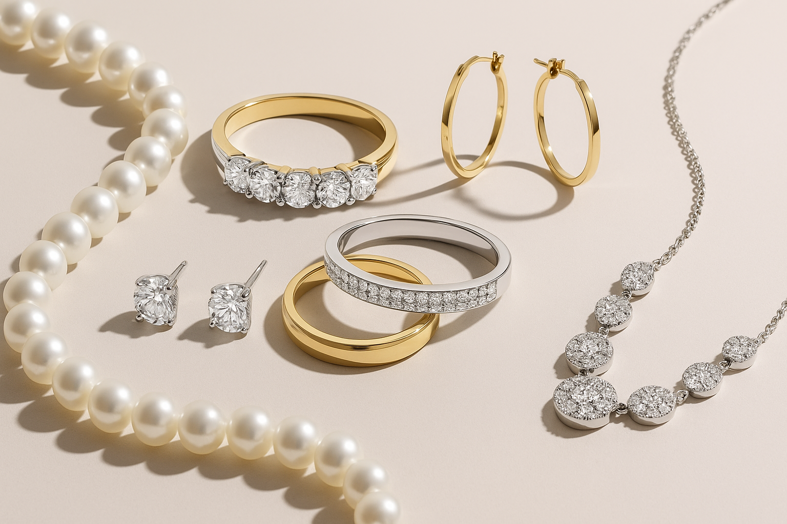 Anniversary Gifts - gold jewelry, diamond jewelry, and pearls