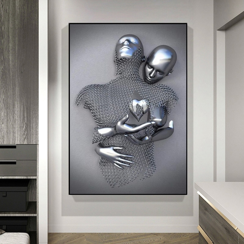 3D Love Heart Grey Art Painting on Canvas Metal Figure Statue Art Posters and Prints Wall Pictures for Living Room Home Decor