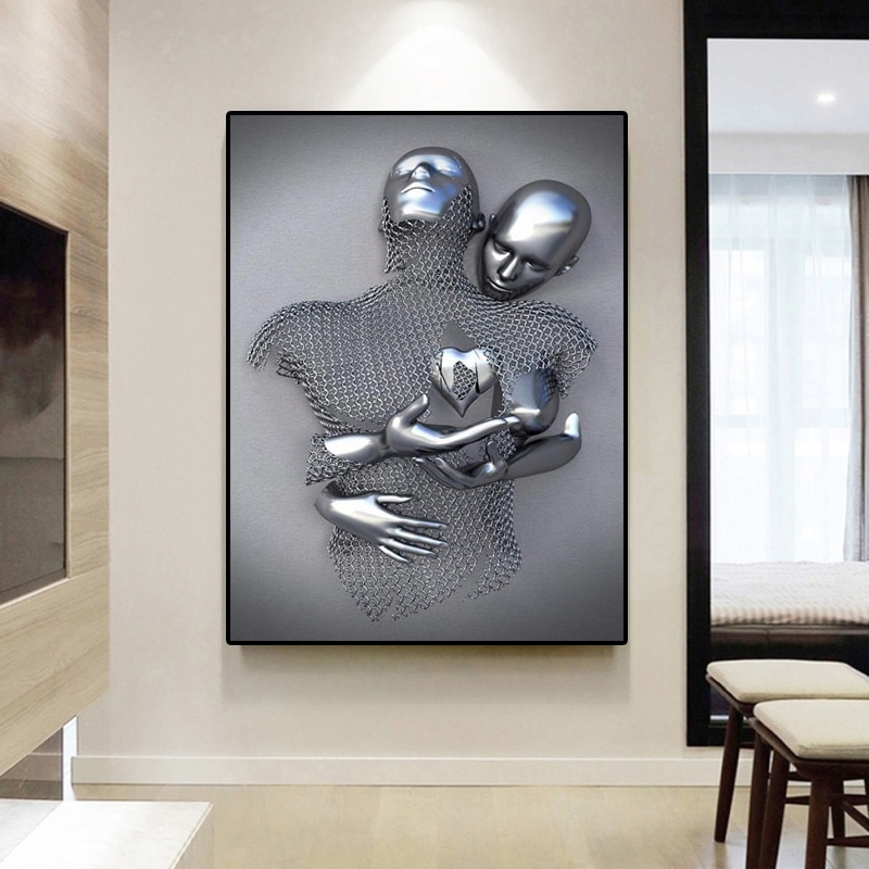 3D Love Heart Grey Art Painting on Canvas Metal Figure Statue Art Posters and Prints Wall Pictures for Living Room Home Decor