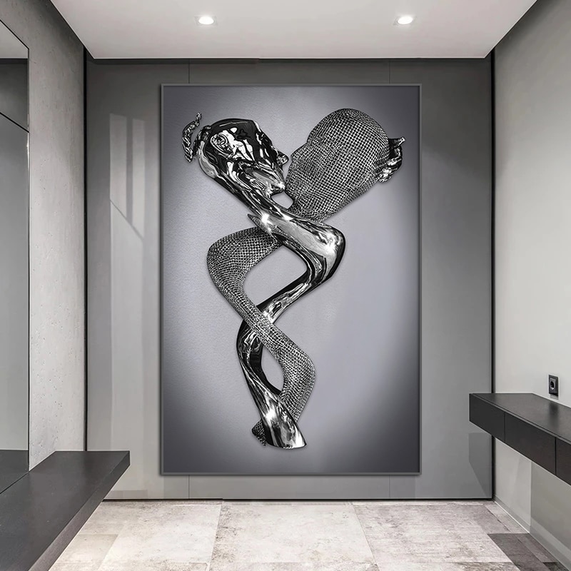 3D Love Heart Grey Art Painting on Canvas Metal Figure Statue Art Posters and Prints Wall Pictures for Living Room Home Decor