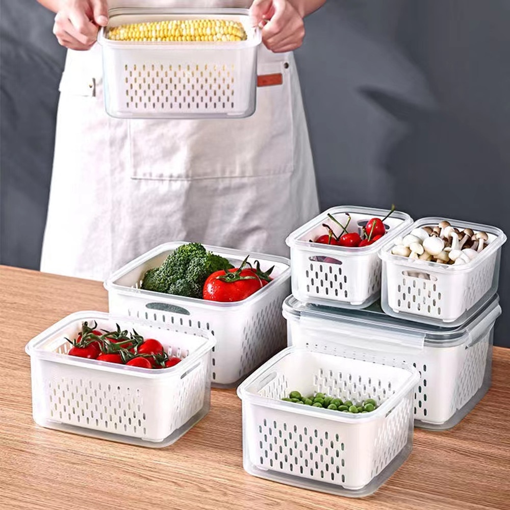 Refrigerator Storage Box Fridge Organizer Fresh Vegetable Fruit Boxes Drain Basket Storage Containers Pantry Kitchen Organizer