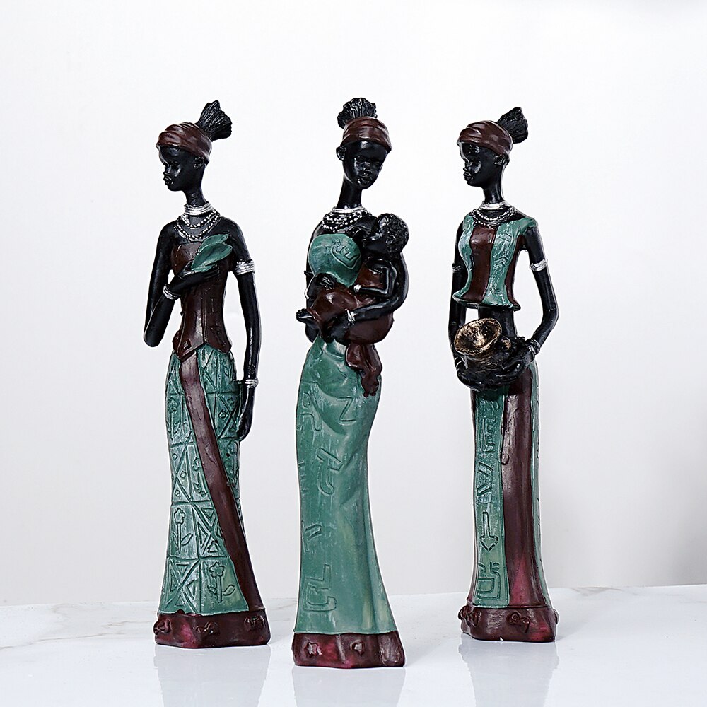 3pcs Set Resin African Woman Figurines Black Figure Statues Exotic Ornaments for Interior Home Living Room Desktop Decorations