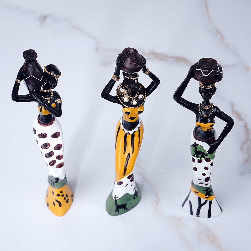 3pcs Set Resin African Woman Figurines Black Figure Statues Exotic Ornaments for Interior Home Living Room Desktop Decorations