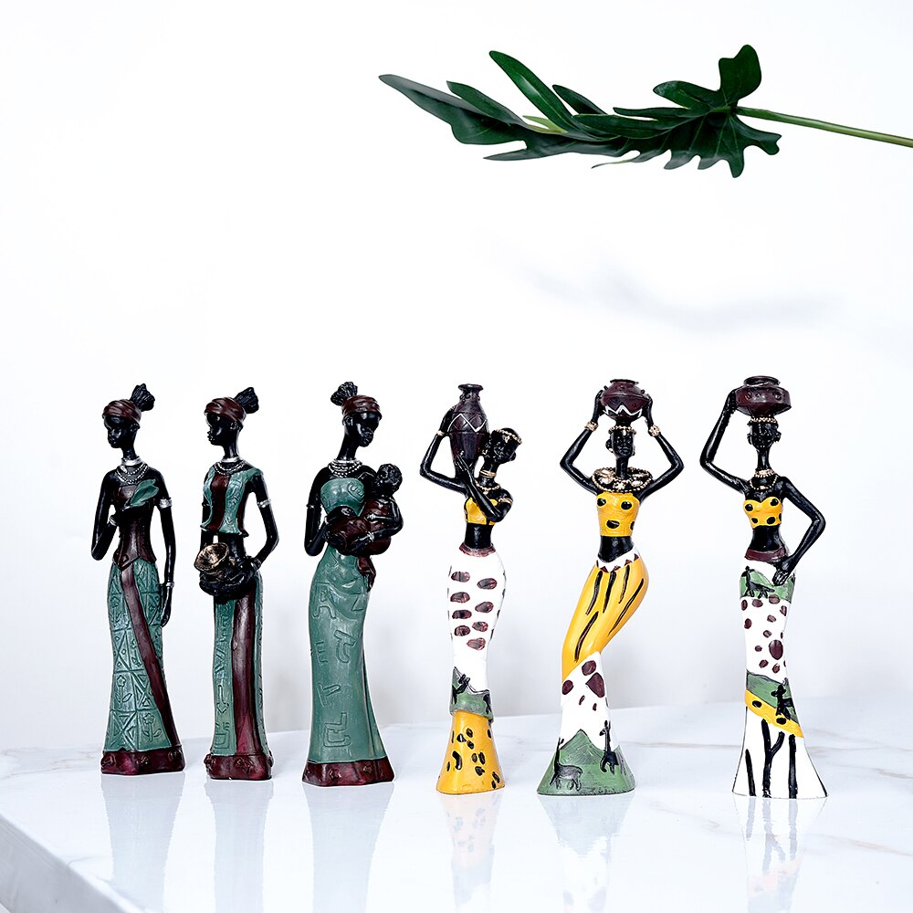 3pcs Set Resin African Woman Figurines Black Figure Statues Exotic Ornaments for Interior Home Living Room Desktop Decorations
