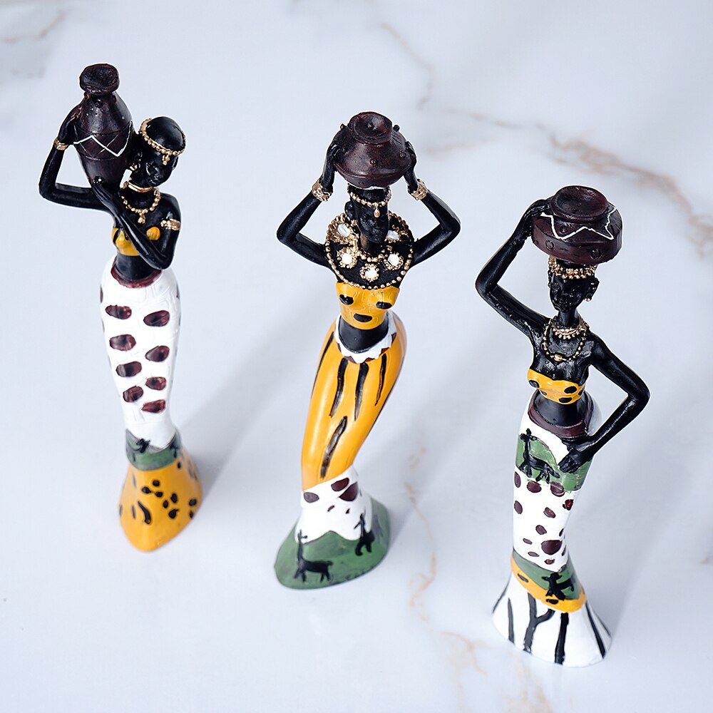 3pcs Set Resin African Woman Figurines Black Figure Statues Exotic Ornaments for Interior Home Living Room Desktop Decorations
