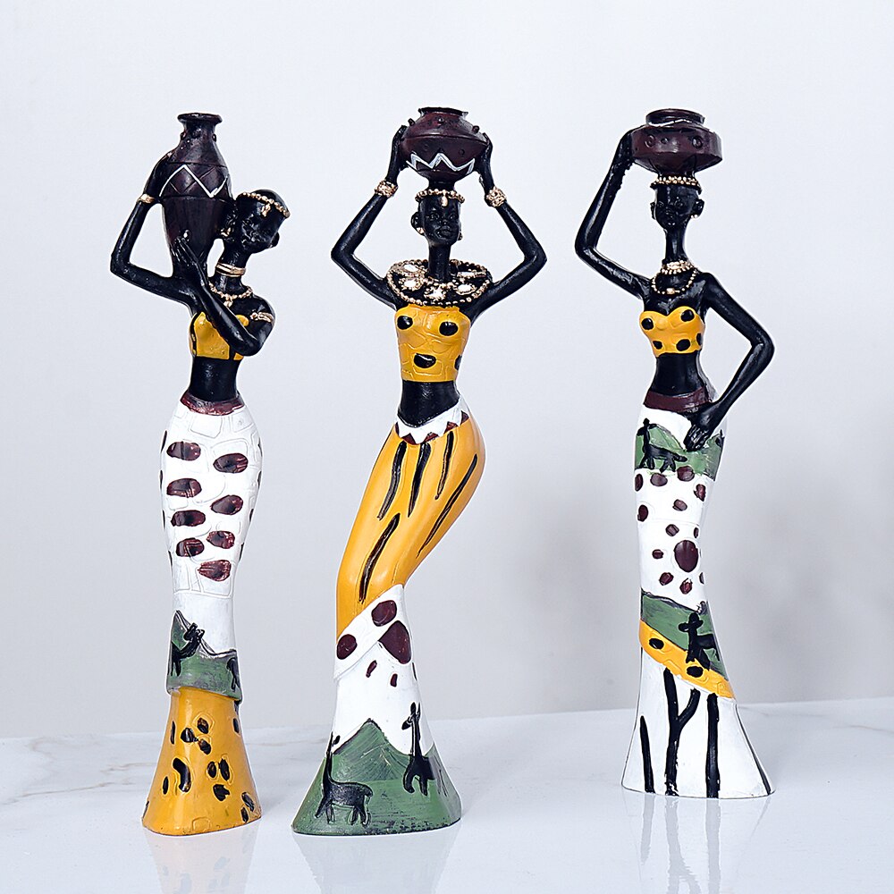 3pcs Set Resin African Woman Figurines Black Figure Statues Exotic Ornaments for Interior Home Living Room Desktop Decorations