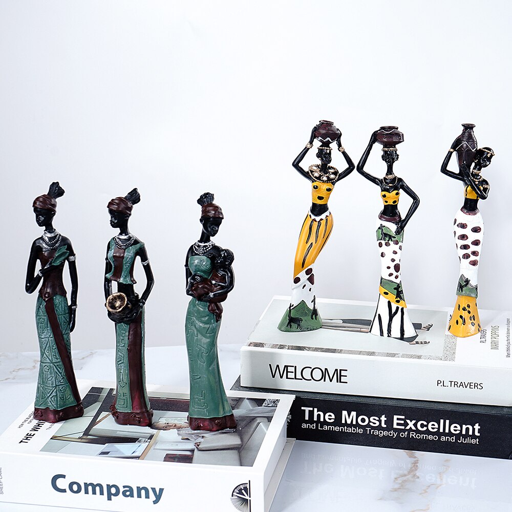 3pcs Set Resin African Woman Figurines Black Figure Statues Exotic Ornaments for Interior Home Living Room Desktop Decorations
