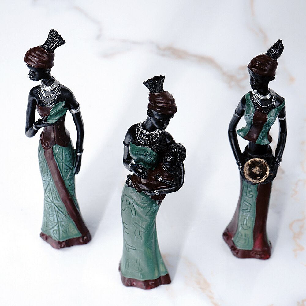 3pcs Set Resin African Woman Figurines Black Figure Statues Exotic Ornaments for Interior Home Living Room Desktop Decorations