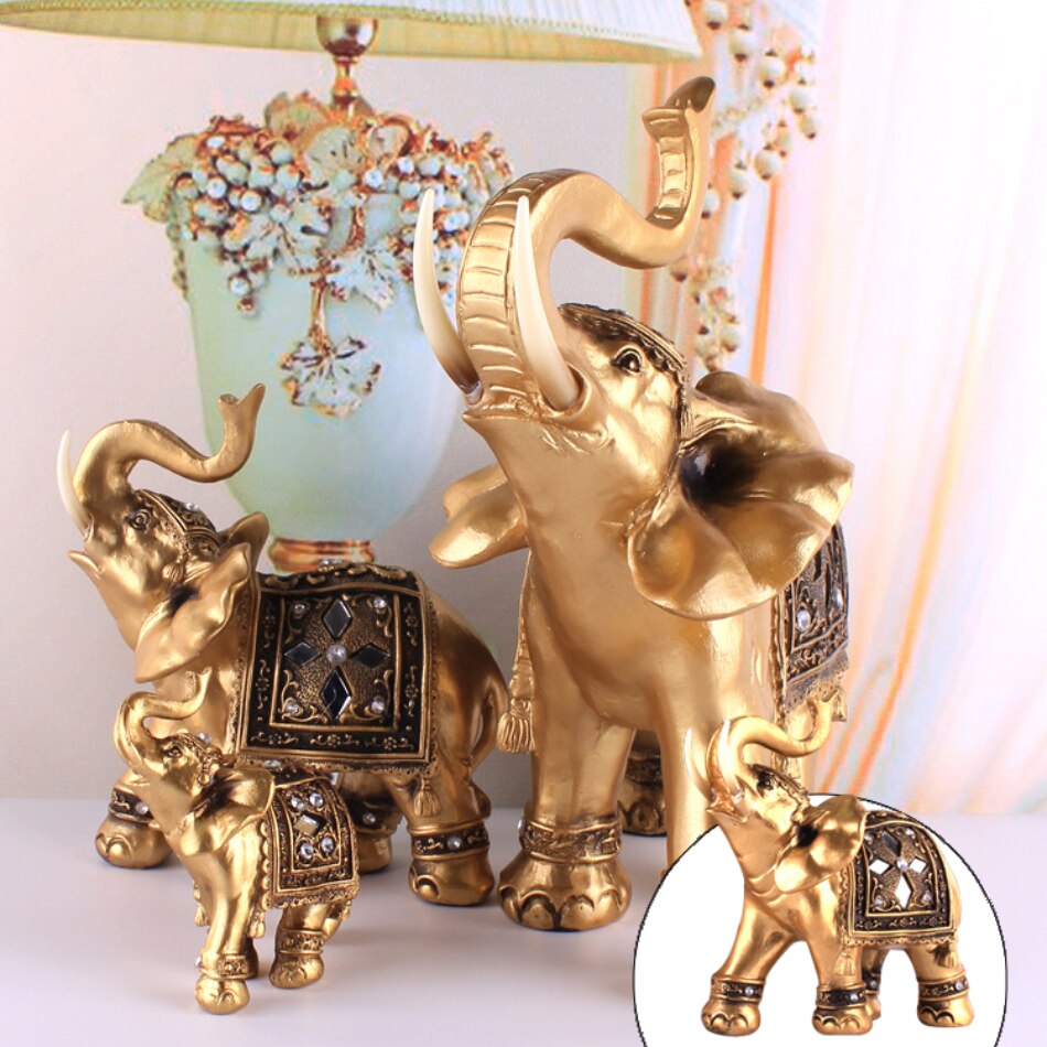 Golden Resin Elephant Statue Lucky Feng Shui Elegant Elephant Trunk Sculpture Lucky Wealth Figurine Crafts Home Decoration Gift