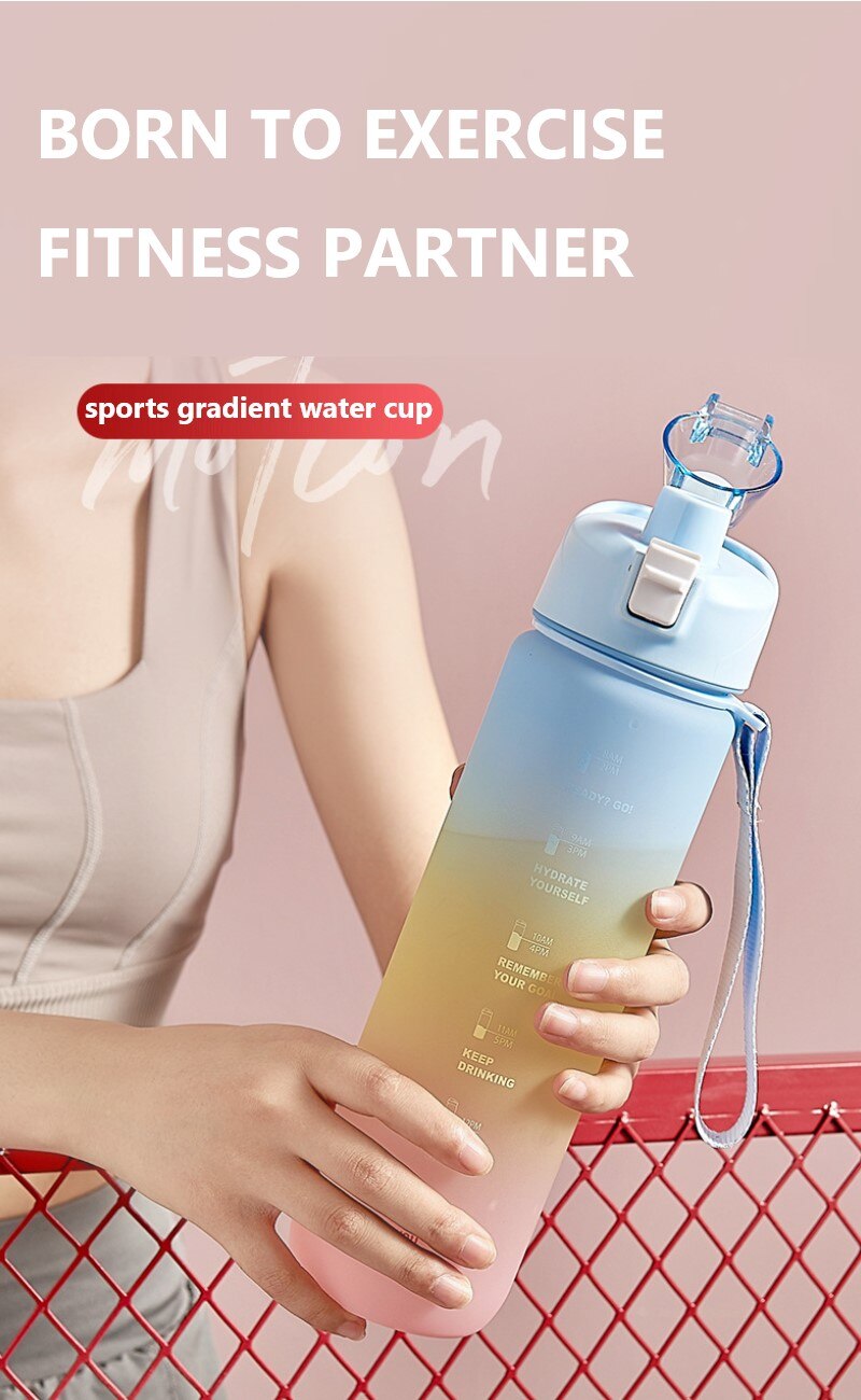 1L Gradient Straw Water Bottles Large Capacity Sports Graduated Drinking Cup Portable Outdoor Fitness Water Bottle Drinkware
