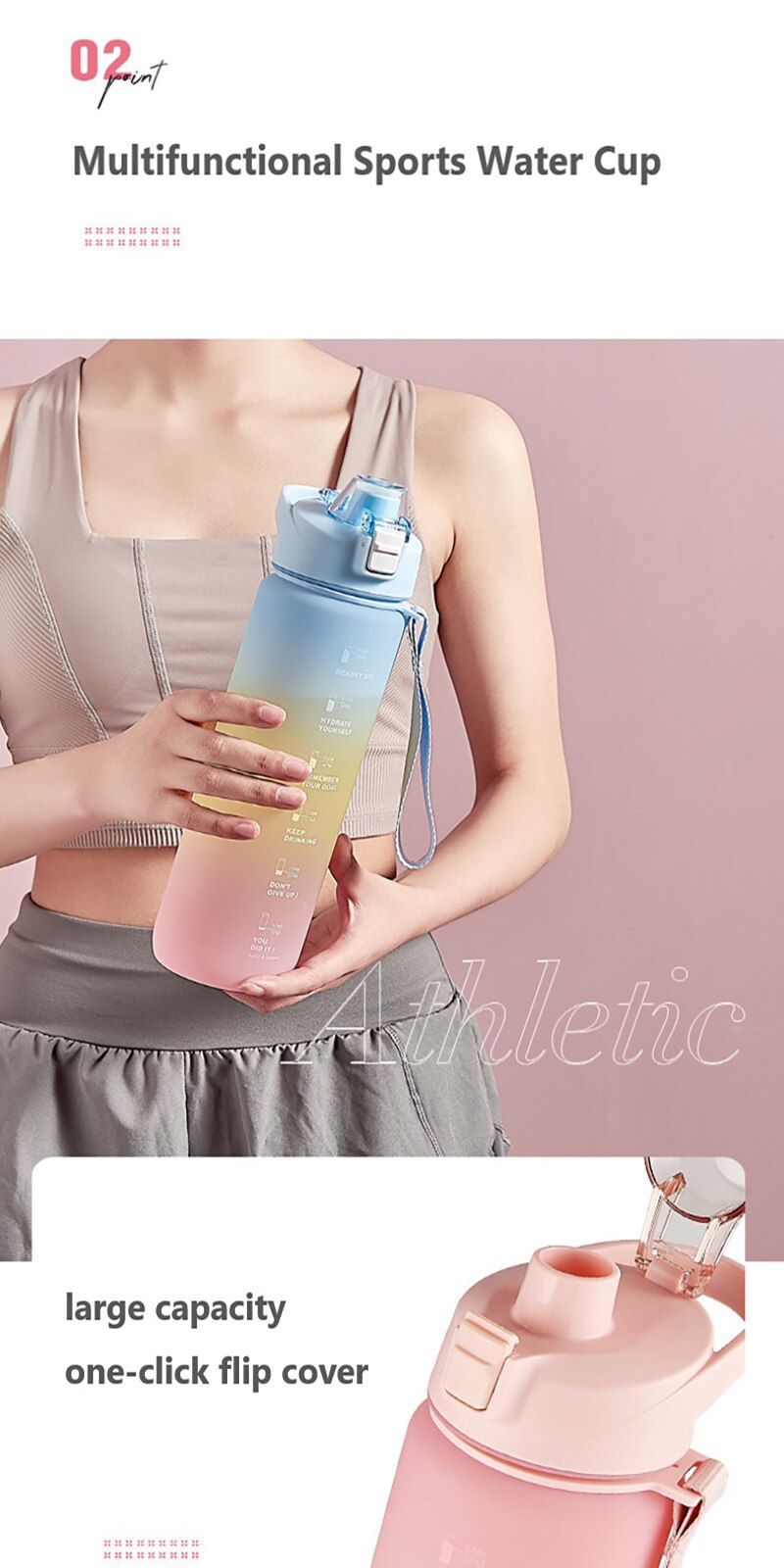 1L Gradient Straw Water Bottles Large Capacity Sports Graduated Drinking Cup Portable Outdoor Fitness Water Bottle Drinkware