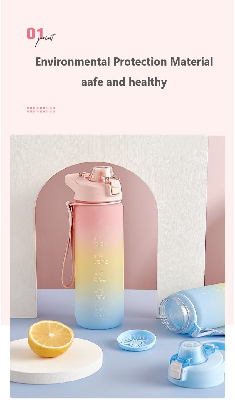 1L Gradient Straw Water Bottles Large Capacity Sports Graduated Drinking Cup Portable Outdoor Fitness Water Bottle Drinkware