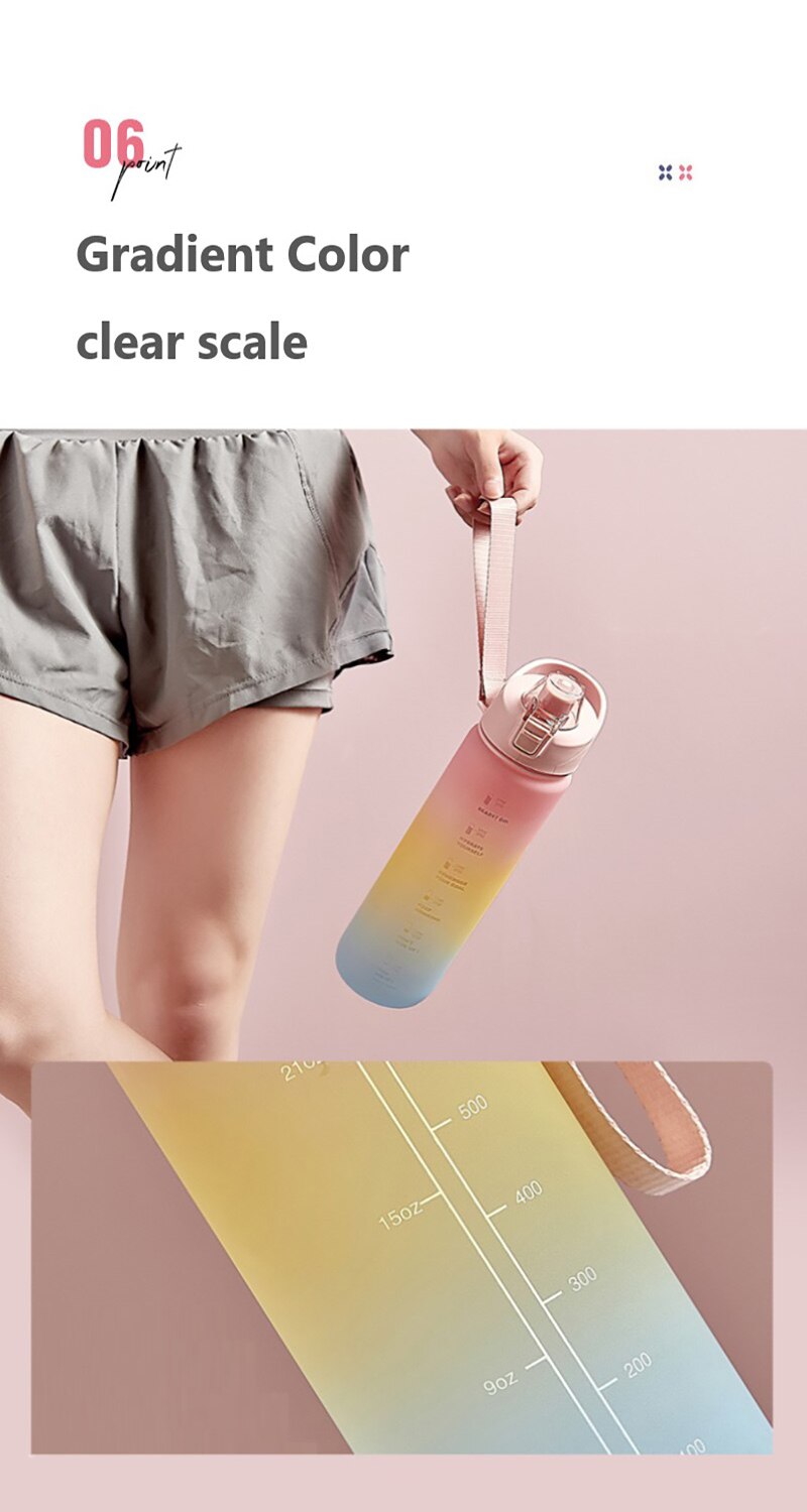 1L Gradient Straw Water Bottles Large Capacity Sports Graduated Drinking Cup Portable Outdoor Fitness Water Bottle Drinkware