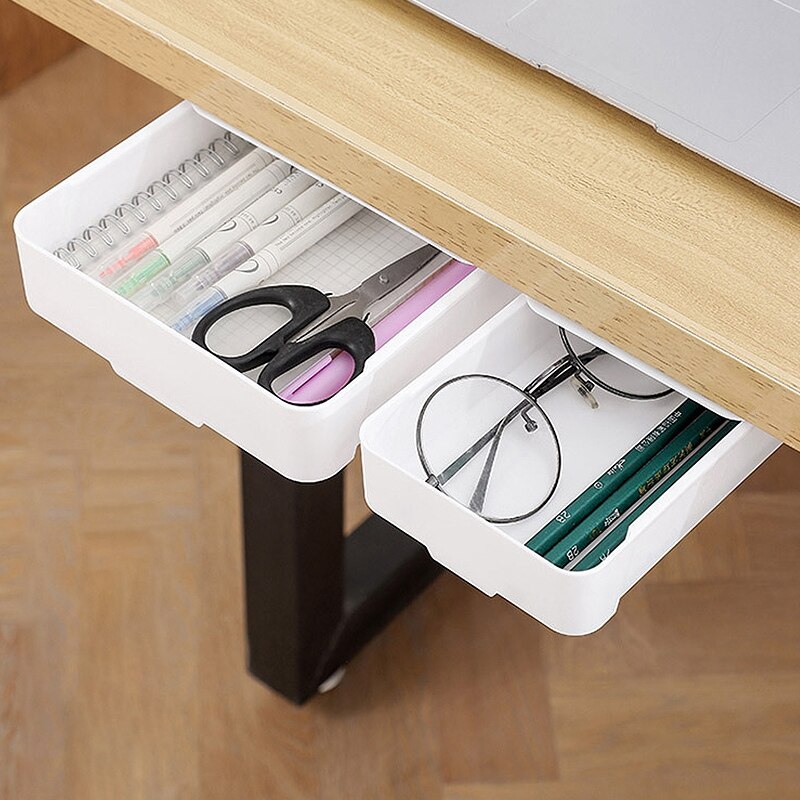 Self-Adhesive Hidden Storage Box Desk Storage Drawer Plastic Table Storage Holder Simple Sundries Cosmetics Stationery Organizer