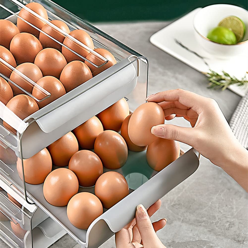 Double Layer Egg Box Storage Drawer Organizer Storage Container Refrigerator Egg Box Rack Support Stackable Kitchen Accessories