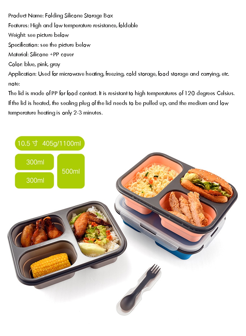 Silicone Meal Prep Containers 3 Compartment - 1100ml Folding Lunch Box Containers Food Storage Containers with Lid, Fork Spoon