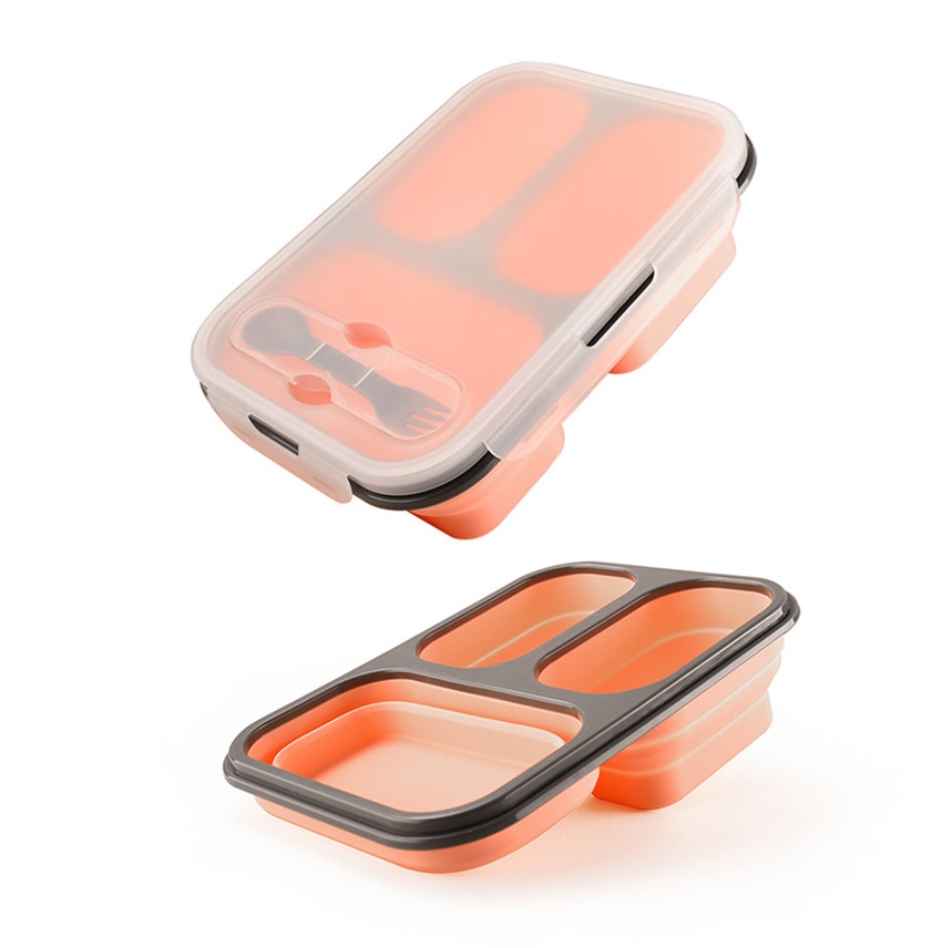 Silicone Meal Prep Containers 3 Compartment - 1100ml Folding Lunch Box Containers Food Storage Containers with Lid, Fork Spoon