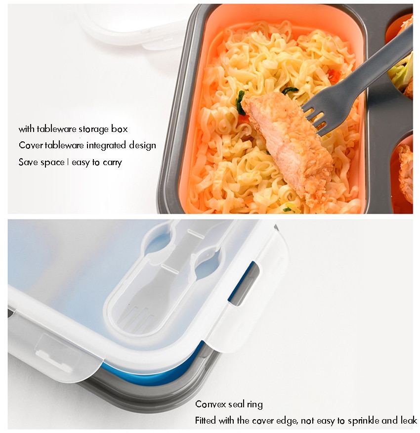 Silicone Meal Prep Containers 3 Compartment - 1100ml Folding Lunch Box Containers Food Storage Containers with Lid, Fork Spoon