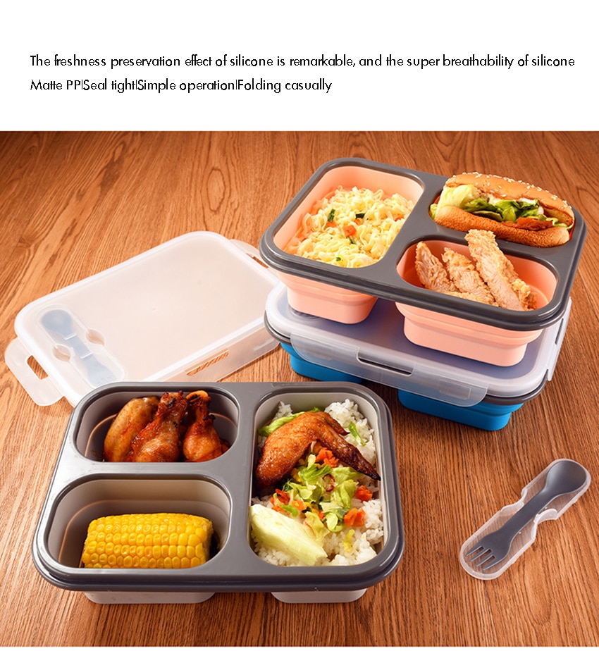 Silicone Meal Prep Containers 3 Compartment - 1100ml Folding Lunch Box Containers Food Storage Containers with Lid, Fork Spoon