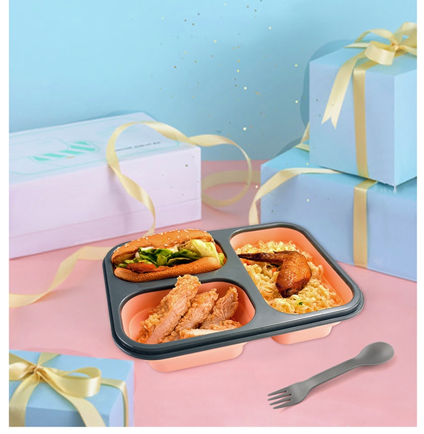 Silicone Meal Prep Containers 3 Compartment - 1100ml Folding Lunch Box Containers Food Storage Containers with Lid, Fork Spoon